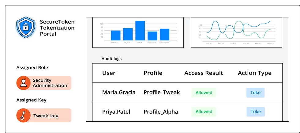 SecureToken vaultless tokenization portal dashboard with audit logs, user roles, and token access controls.